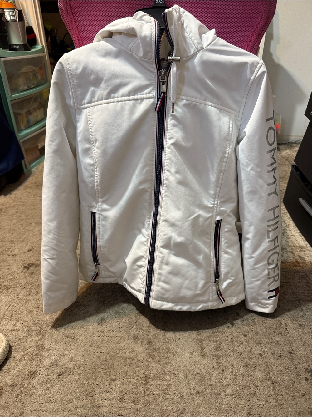 Tommy Hilfiger White Hooded Puffer Jacket with Logo Sleeve